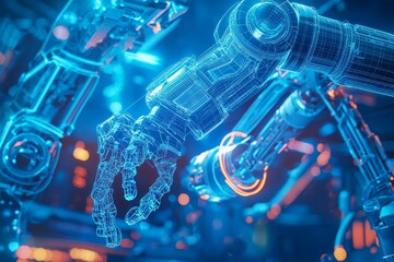 Poster - Technology Motion capture hologram 3D rendering of robotic arm and hud for industrial 4.0 concept animation