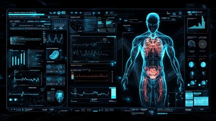 Leinwandbilder - Abstract blue medical user interface with futuristic informationgraphics and technology elements. 3D rendering.
