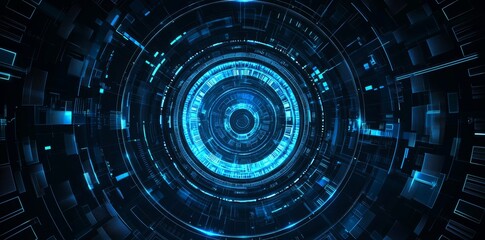 Leinwandbilder - Round border-frame scifi digital screen with hologram podium in a futuristic circle blue color. The hologram podium is futuristic and characterized by modern technology.