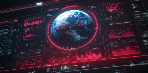 Poster - On dark technological background, abstract global data stats with world map in the center of composition. 3D rendering.