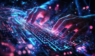 Poster - In the future, a man will be working on a HUD touchscreen interface, an interactive business and technology concept, communication network, GUI (Graphical User Interface) and a futuristic concept.