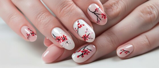 A woman's hand with cherry blossom nail art is elegantly displayed on a white background, showcasing oval-shaped nails carefully painted in light pink.