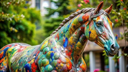 Poster - Statue of a paint-covered horse as art detail, statue, horse, paint, colorful, art, hobby, background, copy space