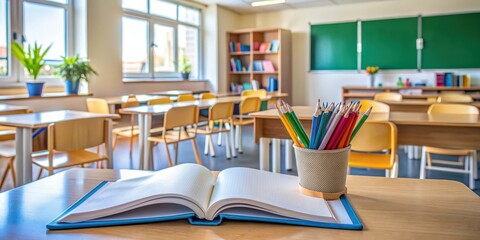 Aufkleber - Classroom with open book, pencils in a holder, and desks arranged in the background, creating a learning environment