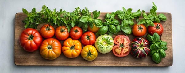 Vibrant farm-to-table meal with heirloom tomatoes and fresh herbs, organic meal, natural culinary experience