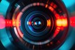 © KumCup - Close-up of a camera lens with vibrant neon lights and reflections creating a futuristic atmosphere.