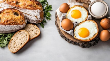 Wall Mural - Rustic table with a farm-to-table breakfast of fresh eggs and fruits, organic morning meal, natural food energy