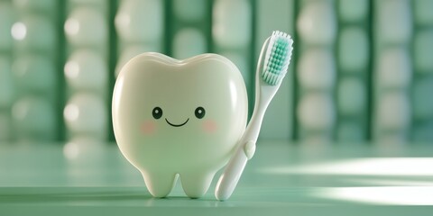 Adorable Cartoon Tooth Character with Toothbrush: AI-Generated Dental Health Concept. 3D Rendered Minimalist Design for Dentistry Marketing, Cavity Prevention, and Oral Hygiene Education. Creative Gra