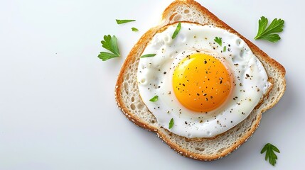 Delicious breakfast with a sunny-side-up fried egg on toast garnished with fresh parsley on a white background.