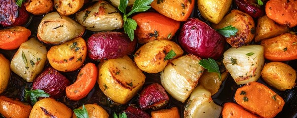 Wall Mural - Close-up of farm-to-table roasted vegetables with fresh herbs, organic dish, natural seasonal warmth