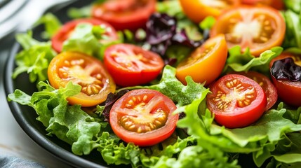 Wall Mural - Close-up of a farm-to-table salad with heirloom tomatoes and fresh greens, organic salad, natural health and flavor