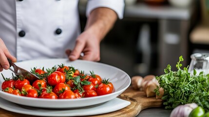 Wall Mural - Chef preparing a farm-to-table dish with fresh tomatoes and herbs, organic culinary, natural food creation