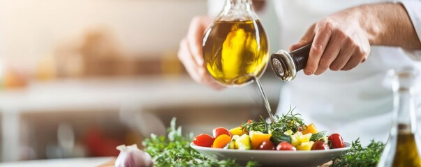 Wall Mural - Chef preparing a farm-to-table dish with fresh tomatoes and herbs, organic culinary, natural food creation