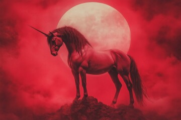 A powerful black unicorn stands majestically on a rocky outcrop against a red misty background, perfect for dark fantasy and mythical themes.