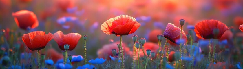 Canvas Print - A vivid image of red poppies and blue flowers in a field bathed in warm, soft sunlight during sunset.