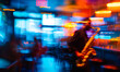 © IBEX.Media - Vibrant neon-lit bar with blurred saxophonist performing