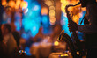 © IBEX.Media - A saxophonist playing in a lively jazz club, with warm and cool bokeh lights creating a dynamic and atmospheric setting, capturing the essence of live music and vibrant nightlife