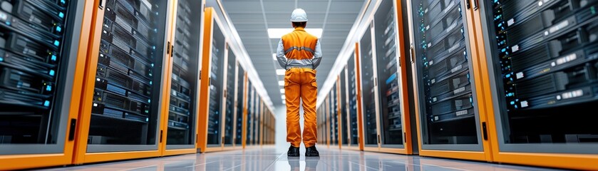 Engineer in orange uniform and helmet inspecting data center server racks, ensuring efficient and secure operations.