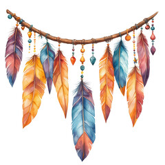 Watercolor Feathers and Beads Garland Decoration isolate on white background