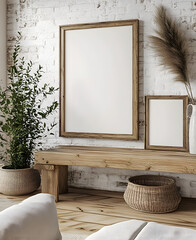 Wall Mural - Mockup frame in farmhouse living room interior, 3d render