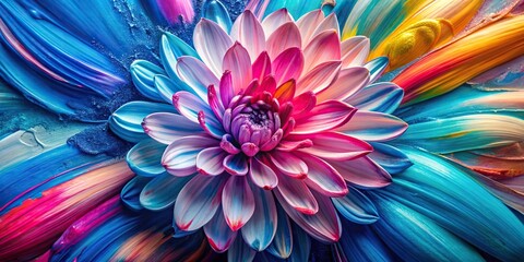 A close up painting of a vibrant flower with blue pink and white paint strokes creating leading lines, floral,flower, beauty, background, artwork, artwork, colorful, blue, artistic