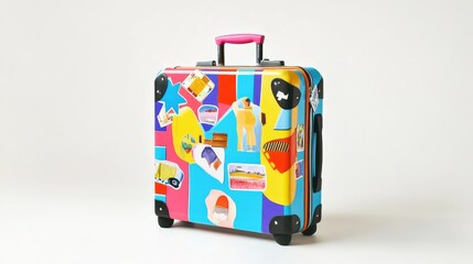 A colorful suitcase with travel stickers, standing on a white background, offering a fun, vibrant visual for travel and vacation themes