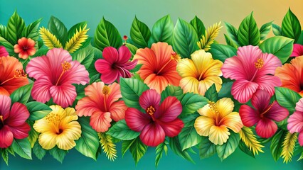 Wall Mural - Seamless hibiscus hybrid border/pattern with vibrant flowers and lush green leaves , tropical, seamless, hibiscus, hybrid, border