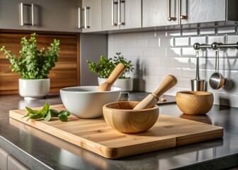 Sleek modern kitchen countertop features minimalist decor with two round wooden cutting boards and matching mortars with pestle, perfect for food preparation and cooking.