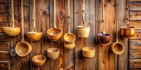Aufkleber - Various wooden cups hanging on a wooden wall, wood, cups, hanging, wall, background, kitchen, rustic, homemade