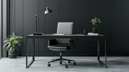 A grey office chair pushed under a sleek black desk in a minimalist workspace