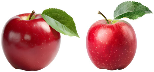 A Pair of Perfection: Two crisp, ripe red apples with leaves, isolated on transparent background.