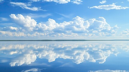 A light blue sky with fluffy white clouds reflected in the calm waters of a lake