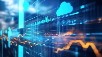 Aufkleber - Abstract digital representation of data and technology with dynamic light trails, cloud icons, and graphs in a futuristic design.