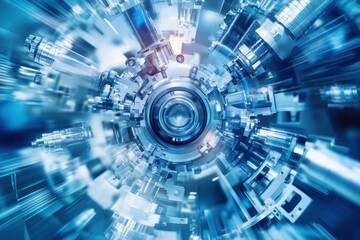 Poster - Abstract futuristic technology lens concept with blue tones creating a dynamic, high-tech visual impact. Ideal for innovation themes.