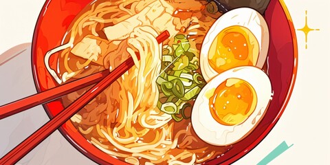 Wall Mural - Delicious ramen bowl with beef or pork and eggs served on white background. Japanese noodle soup, asian food. Illustration for restaurant menu. Flat lay, top view