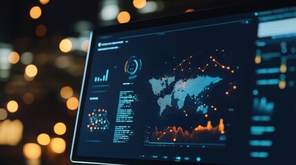 Poster - Close-up of a digital screen with data analytics and world map interface on a blurred background. Concept of technology and global business.