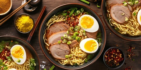 Wall Mural - Delicious ramen bowl with beef or pork and eggs served on wooden table. Japanese noodle soup, asian food. Restaurant menu. Flat lay, top view