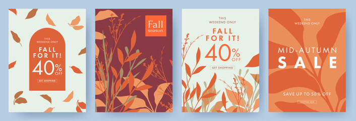 Wall Mural - autumn sale background, banner, or flyer design. set of colorful autumn posters or card with bright 