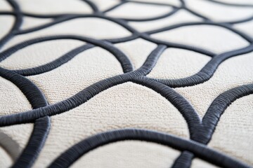 Poster - Close-up of a modern, abstract geometric pattern with black curves on a textured beige background. Ideal for backgrounds, art, and design projects.