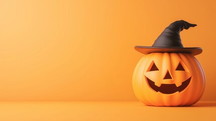 Wall Mural - A cheerful 3D rendering of a jack-o'-lantern wearing a witch hat on a bright orange background, perfect for Halloween-themed designs and decorations.