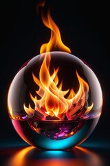 A glass sphere with fire inside isolated on a dark background, vertical composition