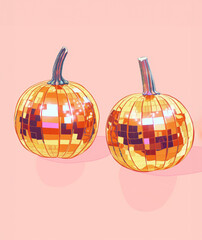 Two pumpkins decorated as disco balls reflecting light against a pastel pink background. Concepts of creative autumn decor, festive Halloween celebrations, and modern seasonal design.