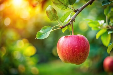 An apple tree with one apple on a branch in the garden with bokeh green background, outdoor, orchard, fruit, nature, garden, flora, bokeh, organic, branch, agriculture, green, fresh, tree