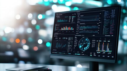 Poster - Close-up of computer screen displaying data analytics and graphs in a modern office environment with blurred background lights.