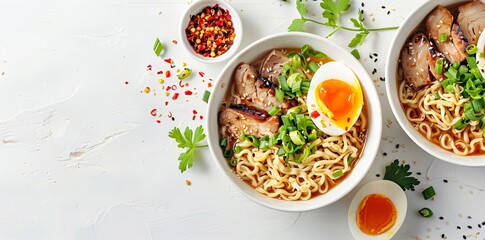 Wall Mural - Delicious ramen bowl with beef or pork and eggs served on white table. Japanese noodle soup, asian food. Restaurant menu. Flat lay, top view