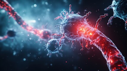 Aufkleber - Close-up view of a neuron and its synapses, showcasing electrical impulses and neural activity in a vibrant, high-definition illustration.