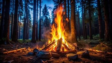 blazing campfire illuminating a dark forest, captured in wide angle, trees, serene, night, camping, 