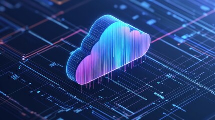 Fototapete - Digital cloud computing concept with vibrant colors, symbolizing data storage and internet technology on a futuristic background.