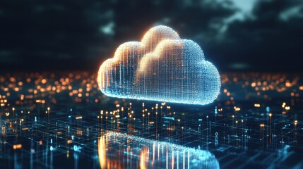 Aufkleber - Digital cloud icon over a futuristic cityscape, representing cloud computing and data storage integration in modern technology.