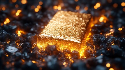 A gold bar sits atop burning embers, glowing with intense heat.